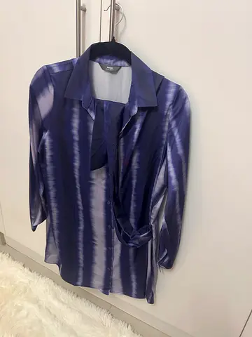 Navy blue sheer womens blouse, size L (lightweight, long sleeve)
