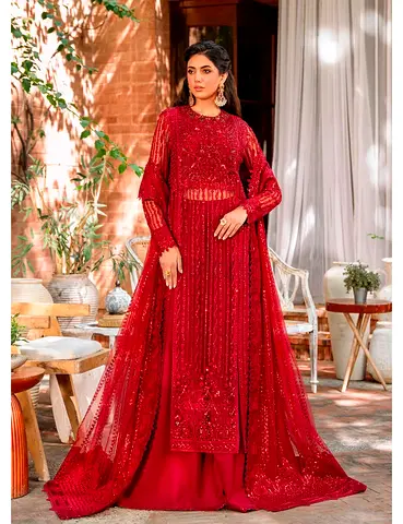 Red embroidered Pakistani formal dress with matching dupatta - Size likely M/L