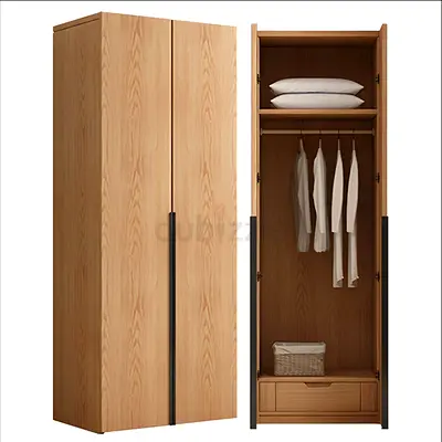 IKEA-style 2-door Wooden Wardrobe with Hanging Rail and Drawer - Light Oak