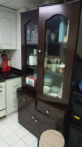 Dark Wood Glass-Front Kitchen Cabinet / China Display Unit