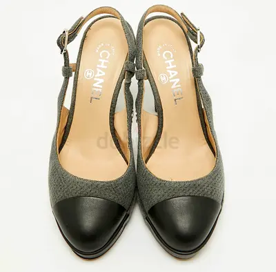 Chanel Grey Tweed and Black Leather Slingback Heels