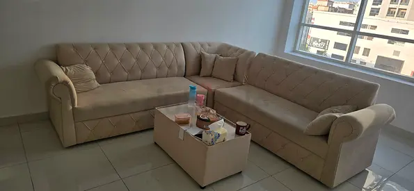 Beige L-shaped Corner Sofa — Good Condition, Comfortable Seating
