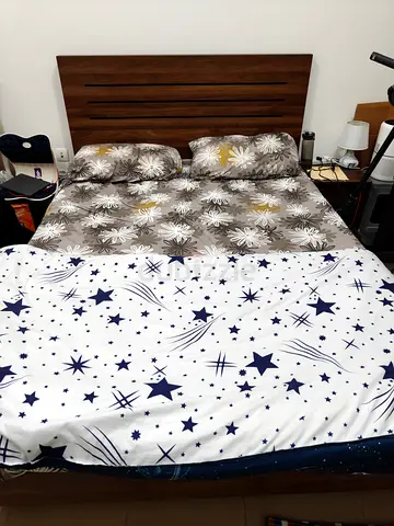 Queen size bed frame(storage space below) with mattress and bedding - good condition