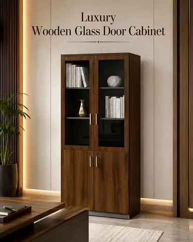 Luxury Glass Door Cabinet – Walnut Grey Office Bookcase with Storage