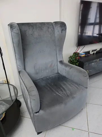 Comfortable Grey Velvet Wingback Armchair