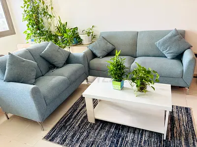 Light blue 3-seater and 2-seater sofa set with cushions - good condition