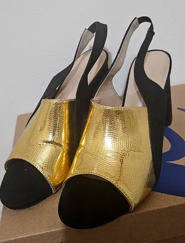 Black and Gold Slingback Heels - Size 39 - 40, Gently Used