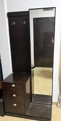 Dark Wood Hallway Mirror with 3-Drawer Storage and Coat Hooks