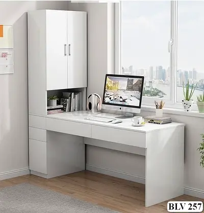 White Modern Study Desk with Overhead Cabinet - Compact Home Office