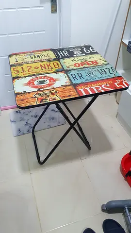 Folding Wooden Top Side Table with Metal Frame - Compact Vintage Design
