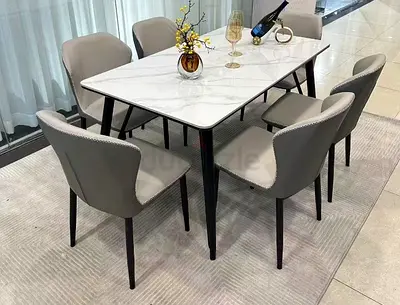 Modern 6-Seater Marble-Top Dining Table with Upholstered Chairs