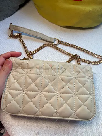 Beige quilted chain-strap shoulder bag