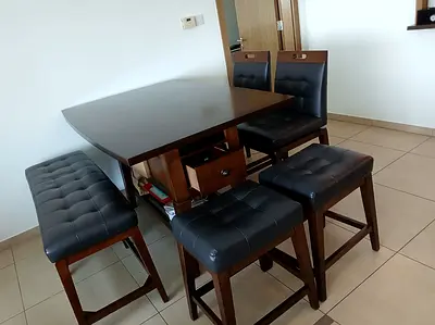 Solid Wood Dining Table with 2 Chairs, bench and 2 Stools - Dark Finish