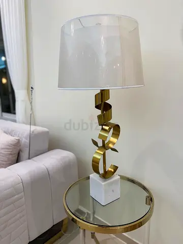 Gold Sculptural Table Lamp with Marble Base and White Shade