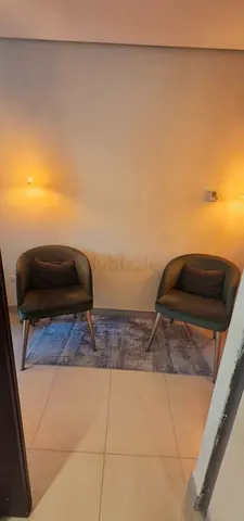 300 EACH! Pair of modern accent chairs with small rug - used