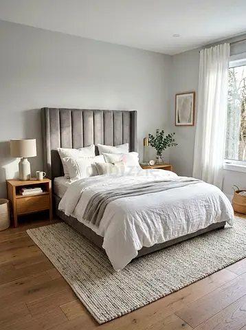 Modern Grey Upholstered Bed Frame with Headboard - Queen