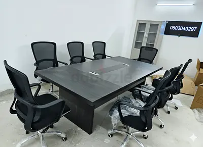 Brand New Conference Table with 8 Ergonomic Mesh Chairs Available For Sale
