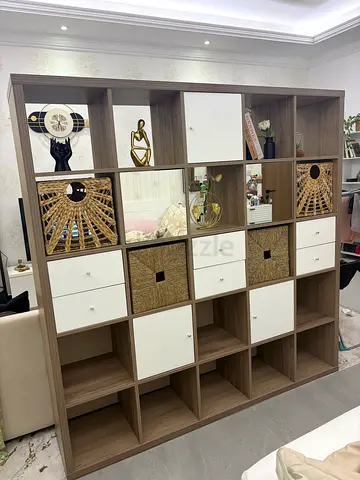 Wooden cube shelving unit with drawers and woven baskets - good condition New 3 months use