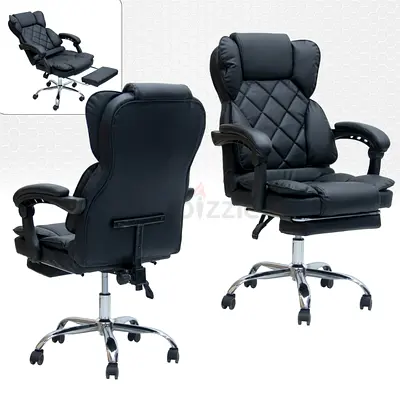 Black Ergonomic Executive Office Chair with Footrest — Adjustable, Padded