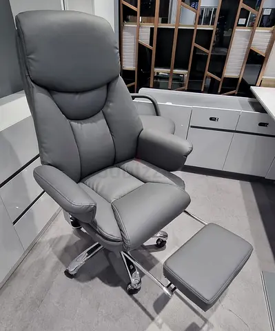 Grey Leather Recliner Office Chair with Footrest