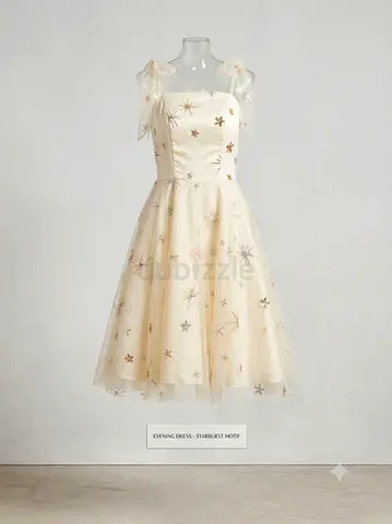 Cream tulle evening dress with starburst embroidery, size unknown