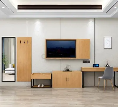 Modern wall-mounted TV unit with desk and storage - light wood finish
