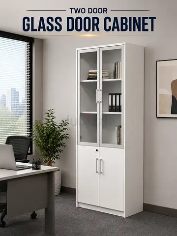 Modern White Glass Door Storage Cabinet – Office Display Cabinet with Lockable Storage