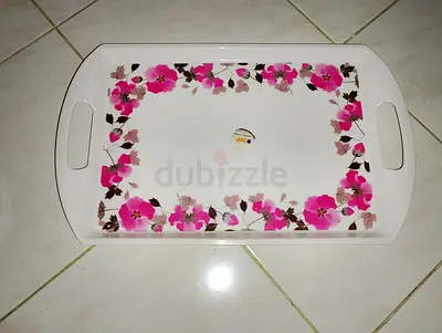 White Plastic Serving Tray with Pink Floral Design - Good Condition