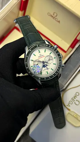 Omega chronograph automatic mens watch with green leather strap