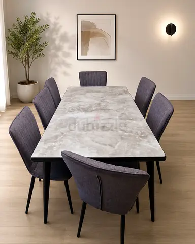 Modern 6 Seater Marble Effect Dining Set with Grey Upholstered Chairs