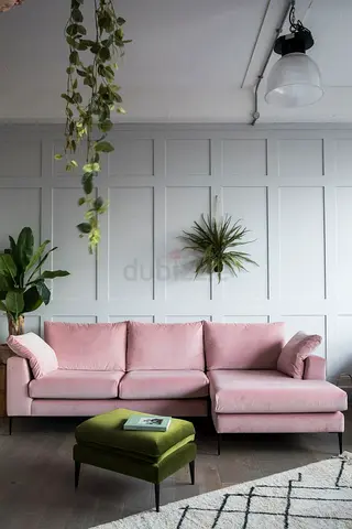 Light Pink L-Shaped Velvet Sofa with Ottoman
