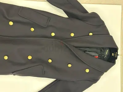 Navy Double-Breasted Wool Coat with Gold Buttons - Size UK 8