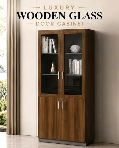 Luxury Glass Door Cabinet – Walnut Grey Office Bookcase with Storage