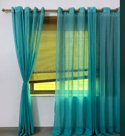 3 Pair of turquoise sheer eyelet curtains - 2 panels, good condition
