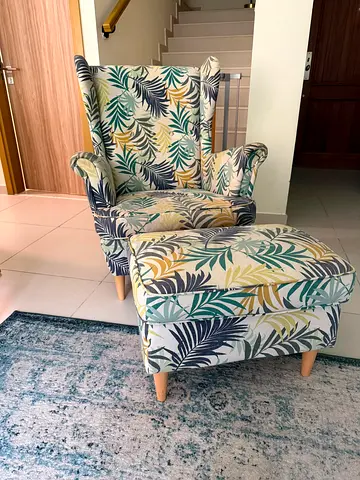 IKEA Wingback Armchair with Matching Ottoman / foot stool - Leaf Print, Good Condition