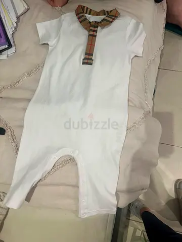 Burberry White Baby Romper with Plaid Collar Detail