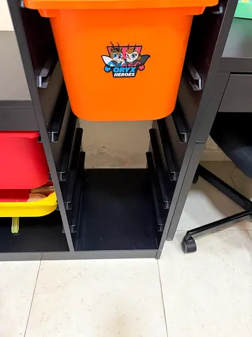 IKEA Kids storage organizer with colored toy bins (orange, red, yellow) - used