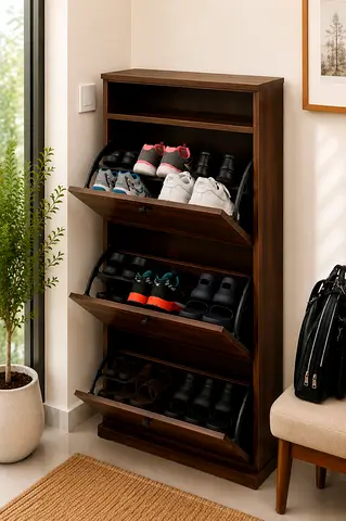 Modern Walnut Wooden Shoe Cabinet – 3 Tilt-Out Drawers | Holds 18–24 Pairs