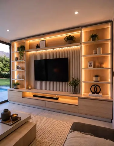 Modern built-in wooden entertainment center with LED shelving
