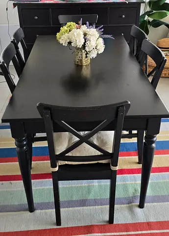 IKEA Rosentorp solid Wood 6 Seater Dining Table expandable with 4 Chairs and Cushions