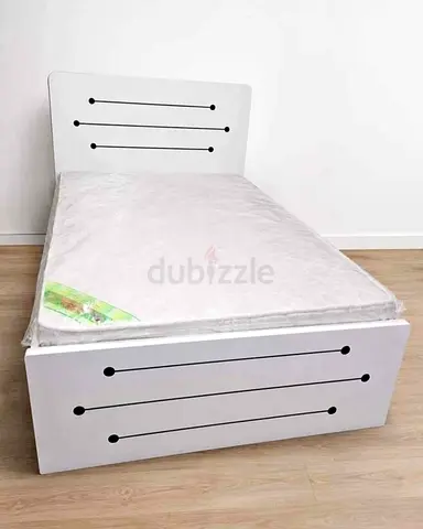 Double white wooden bed with mattress - modern design 120x190 Size