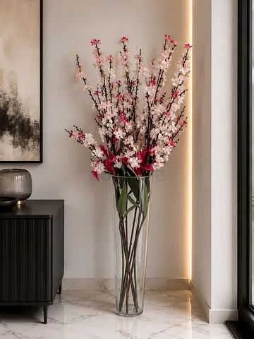 Tall Clear Glass Floor Vase with Artificial Cherry Blossom Arrangement From Marina Home