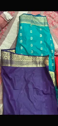 Beautiful Teal and Purple Silk Saree with Gold Zari Border