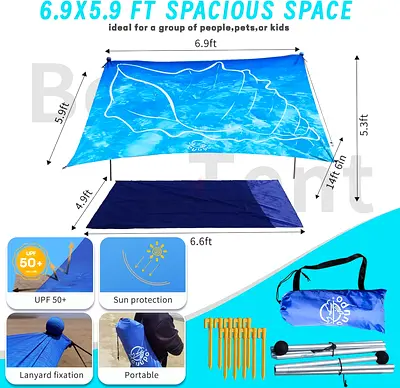 3D Printing Beach Canopy Tent Sun Shade with UPF 50+ UV Protection, 7x6 FT Tent Sun Shelter Pop Up 2
