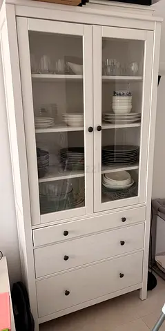 White Glass-Front Display Cabinet with Drawers