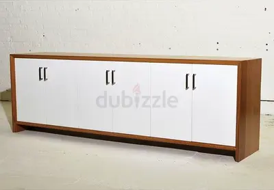 Long wooden sideboard cabinet with white doors – 6-door storage unit