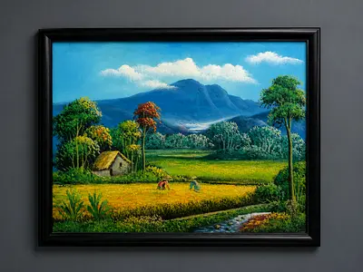 Framed Oil Landscape Painting — Rural Field with Mountains