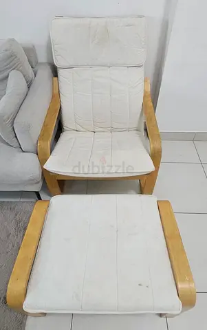 IKEA Poäng-style Armchair with Ottoman - Light Wood  White Cushions