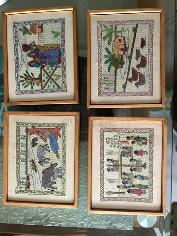 Set of 4 Framed Hand-stitched Folk Art Embroideries