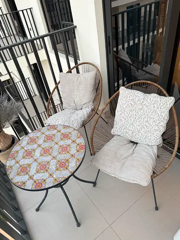 Round Mosaic Patio Bistrot Table with Metal Base  two chairs - Good Condition